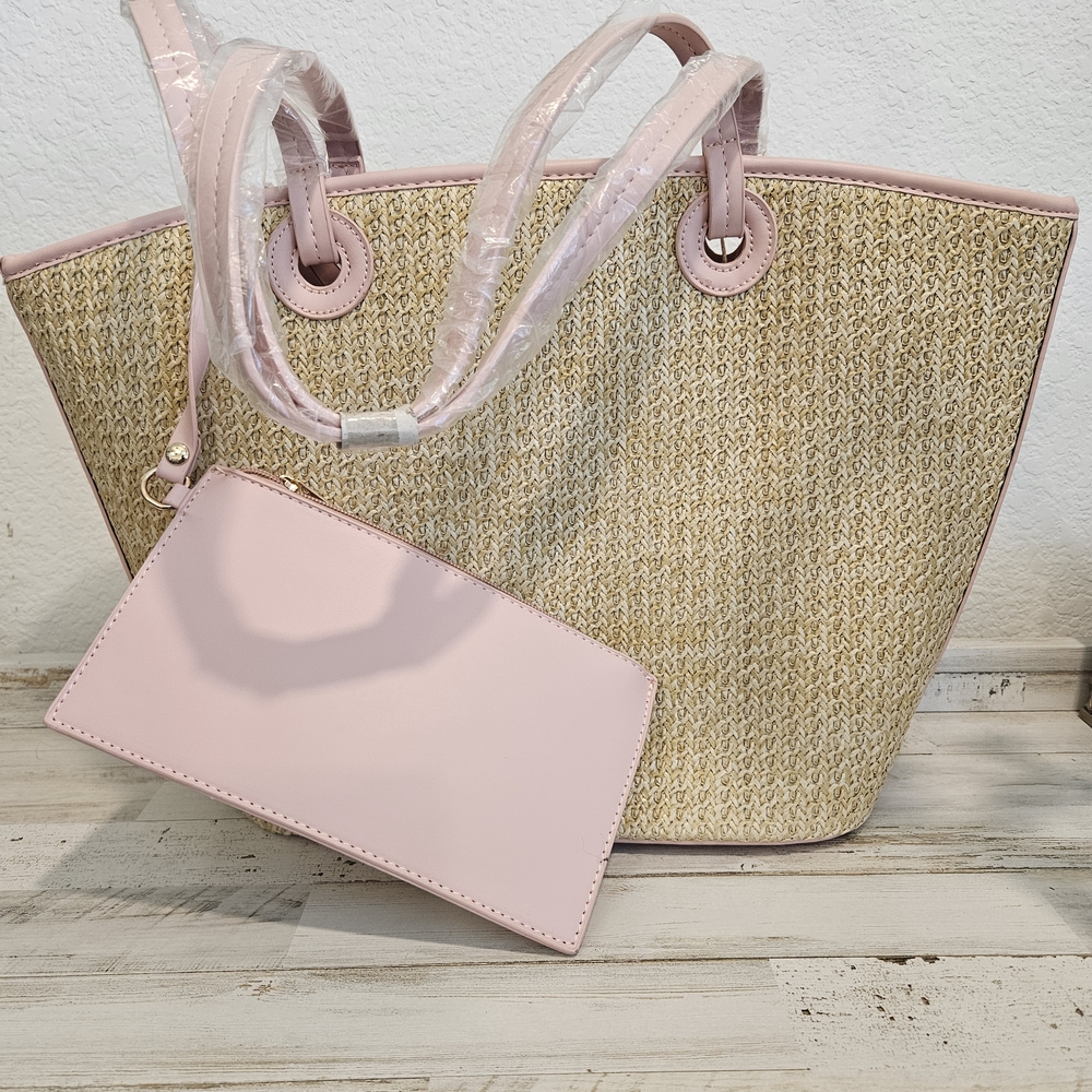 Elegant Pink and Tan Tote Bag with Pouch